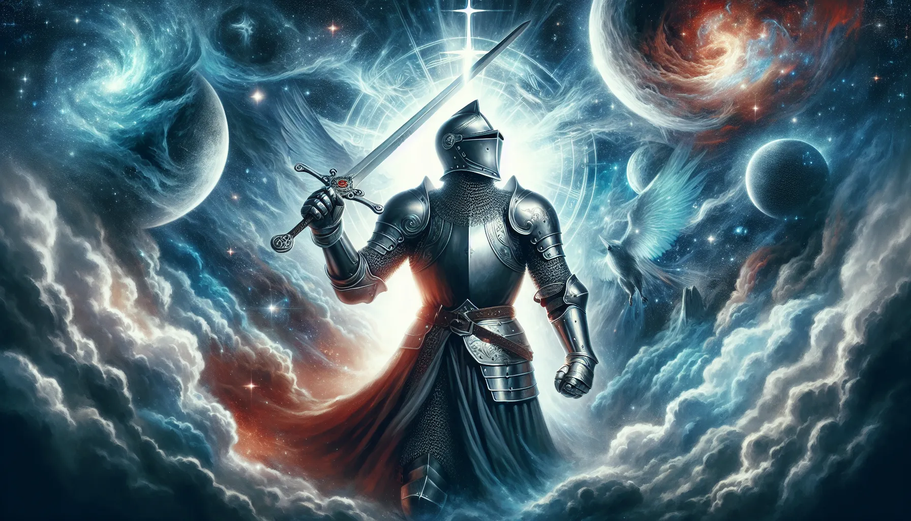 Imagen ilustrativa de un caballero vestido con armadura, sosteniendo una espada y rodeado de luz celestial, simbolizando la lucha espiritual descrita en la Biblia.