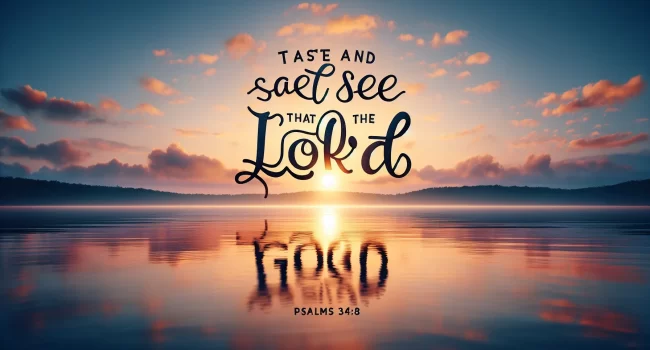 Imagen del Salmo 34:8 con la frase 'Gustad y ved que el Señor es bueno' sobre un fondo inspirador.