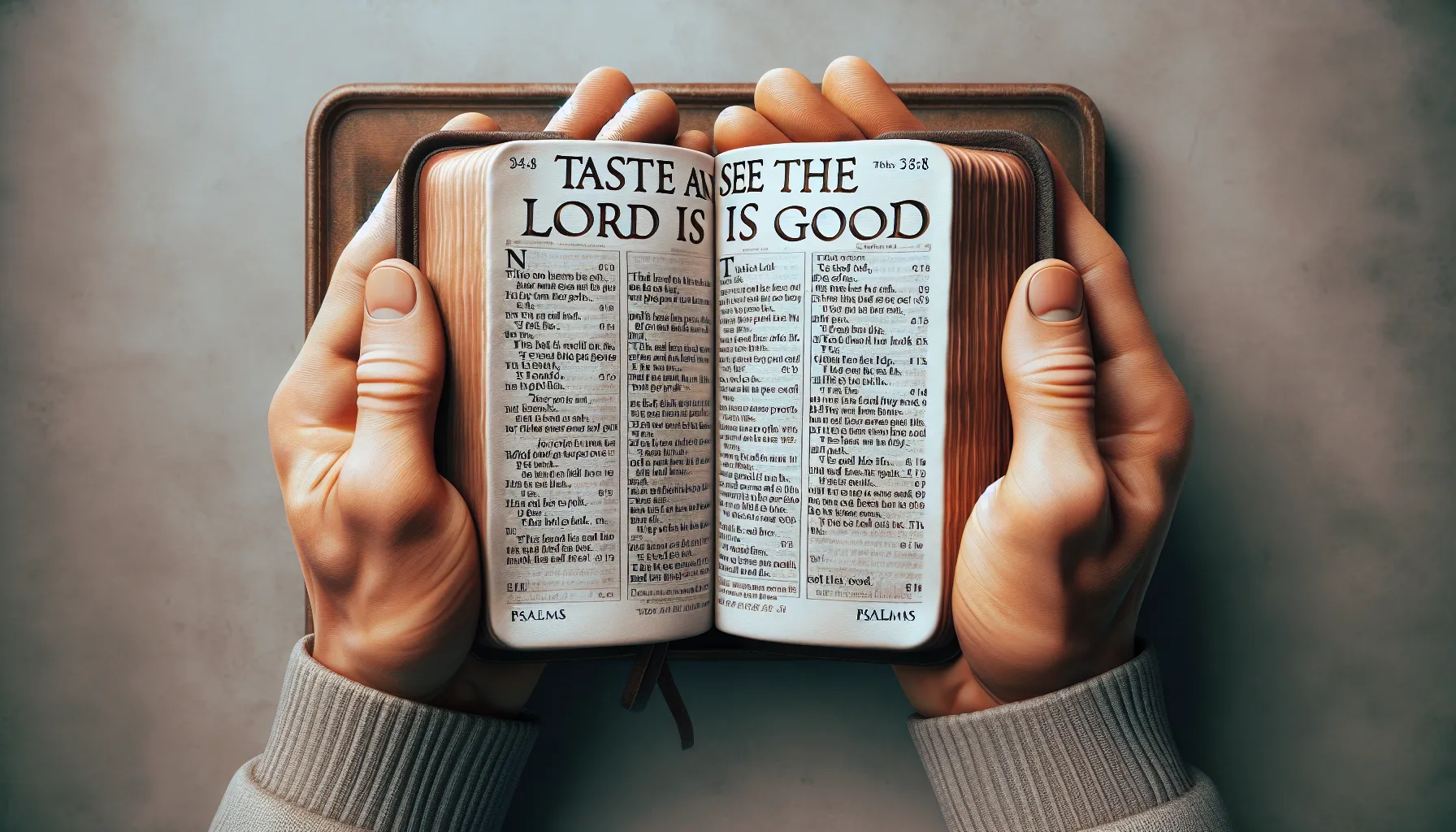 Imagen de manos sosteniendo una Biblia abierta en Salmos 34:8 con el texto 'Gustad y ved que el Señor es bueno'.