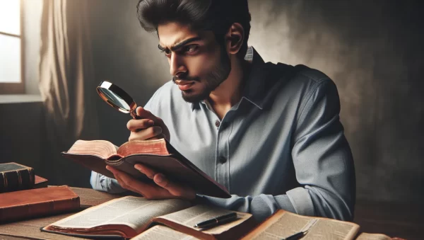 Imagen de un hombre estudiando la Biblia con una lupa