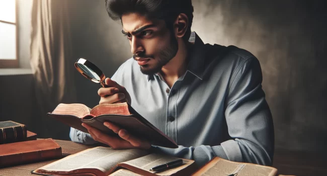 Imagen de un hombre estudiando la Biblia con una lupa