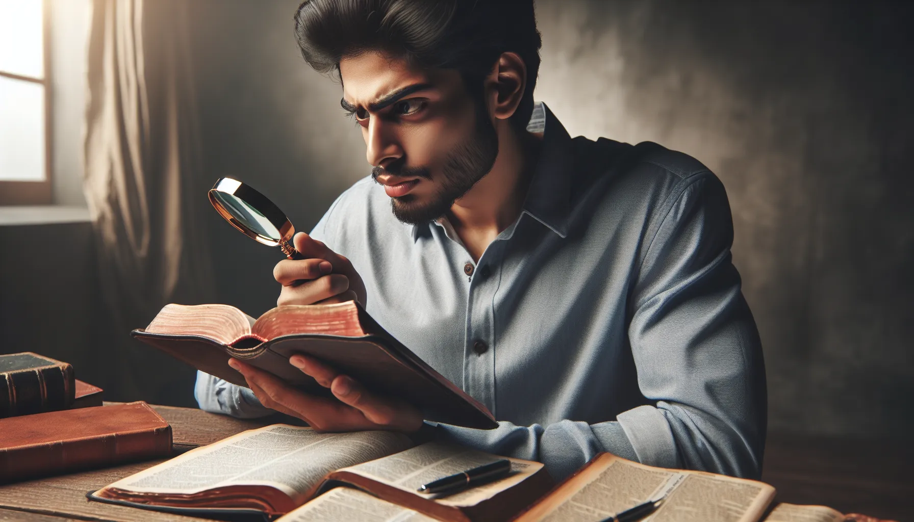 Imagen de un hombre estudiando la Biblia con una lupa