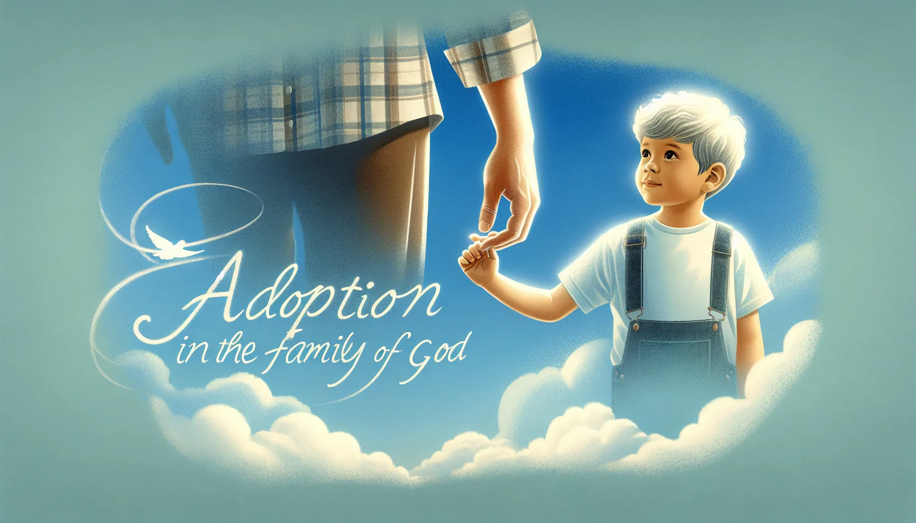 Imagen de un niño sosteniendo la mano de un adulto con el texto 'La adopción en la familia de Dios'.