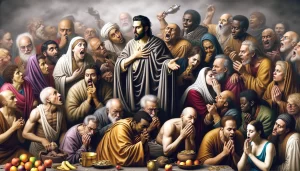 Representación gráfica de personajes bíblicos actuando de manera hipócrita en una ilustración del artículo sobre la hipocresía en la Biblia.