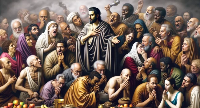 Representación gráfica de personajes bíblicos actuando de manera hipócrita en una ilustración del artículo sobre la hipocresía en la Biblia.