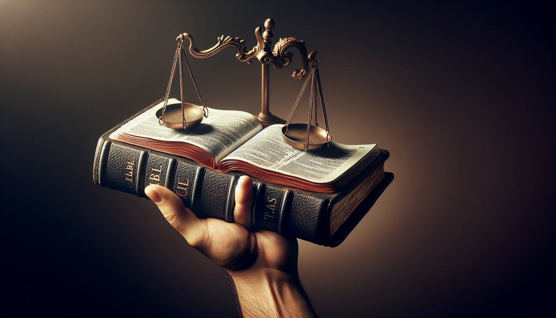 Representación gráfica de una mano sosteniendo una Biblia abierta y una balanza de justicia