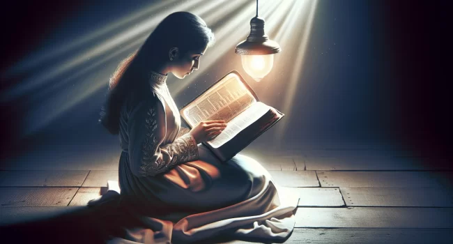 Persona leyendo la Biblia con una luz brillante iluminando las páginas