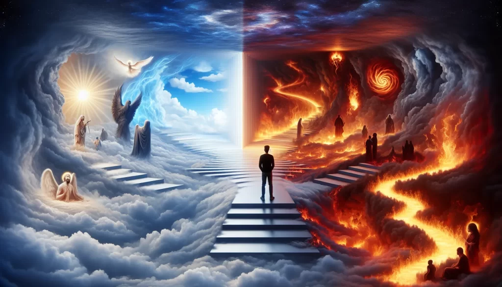 Imagen representativa que ilustra el concepto de la elección final del alma entre el cielo y el infierno.