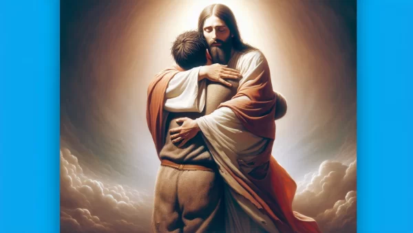 Representación visual de Jesús abrazando a un pecador con amor incondicional.