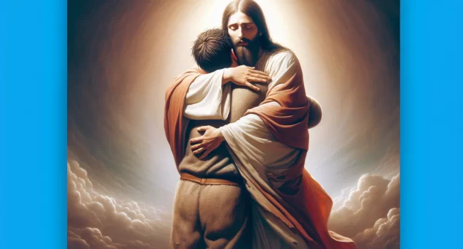 Representación visual de Jesús abrazando a un pecador con amor incondicional.