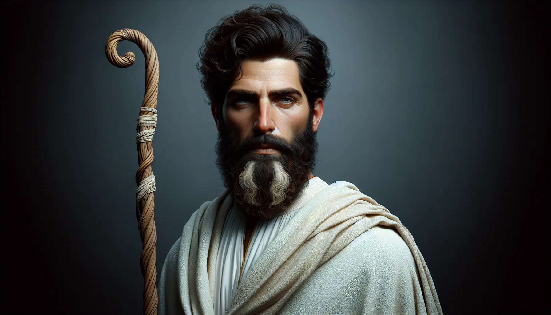 Imagen de un hombre con cabello oscuro y barba, vestido con túnica blanca y portando un bastón, representando la posible apariencia de Jesús según la historia.