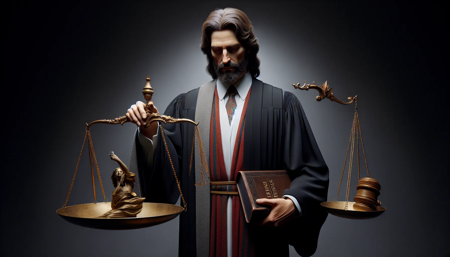 Representación de Jesús como Abogado en la Biblia, sosteniendo una balanza y una Biblia, simbolizando la justicia y el perdón divino.