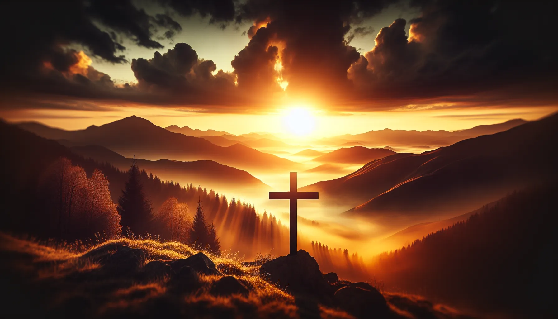 Imagen de un amanecer brillante con una cruz silueteada en primer plano