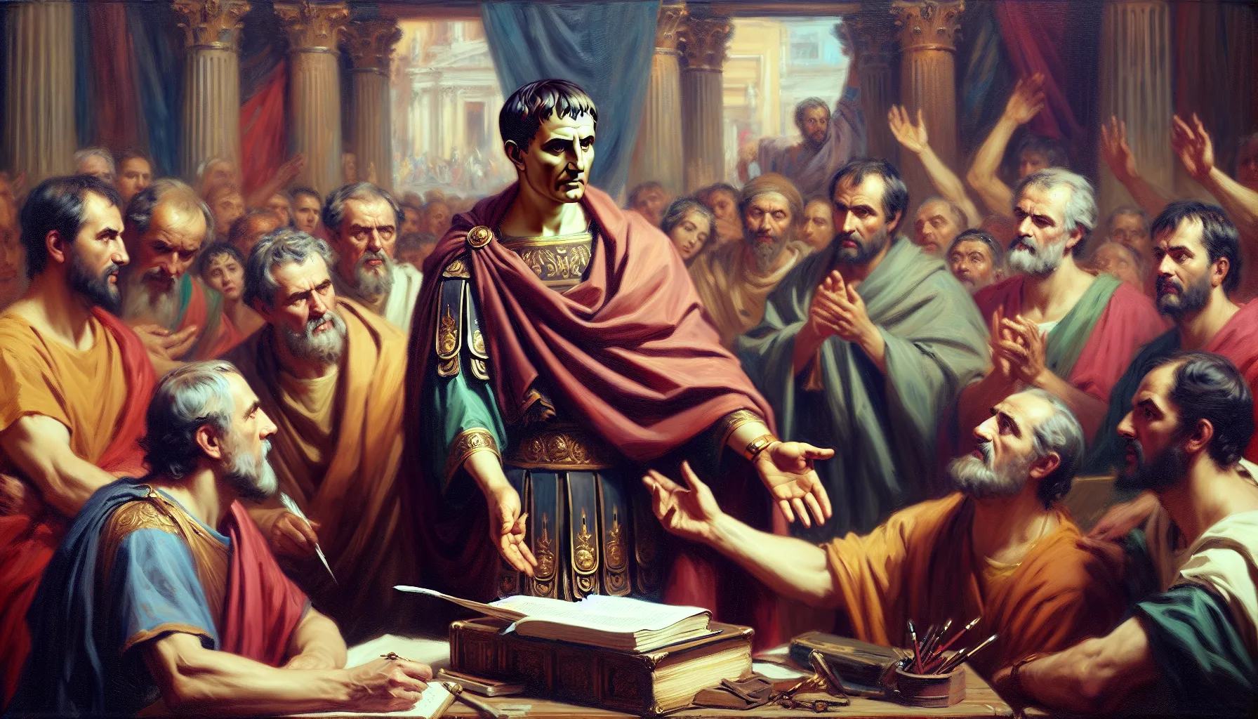 Representación artística de Julio César en un contexto histórico relacionado con personajes bíblicos.