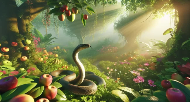 Imagen de una serpiente antigua en el jardín del Edén antes de la maldición divina en Génesis.