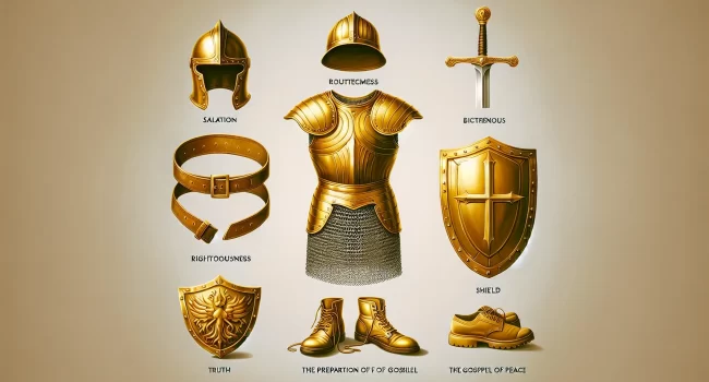 Ilustración de una armadura dorada con descripciones de cada pieza