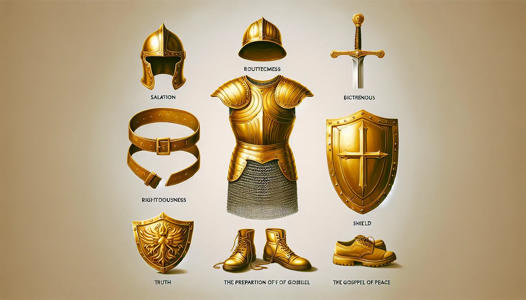 Ilustración de una armadura dorada con descripciones de cada pieza