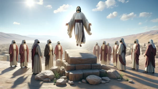 Imagen de Jesucristo ascendiendo al cielo rodeado de discípulos