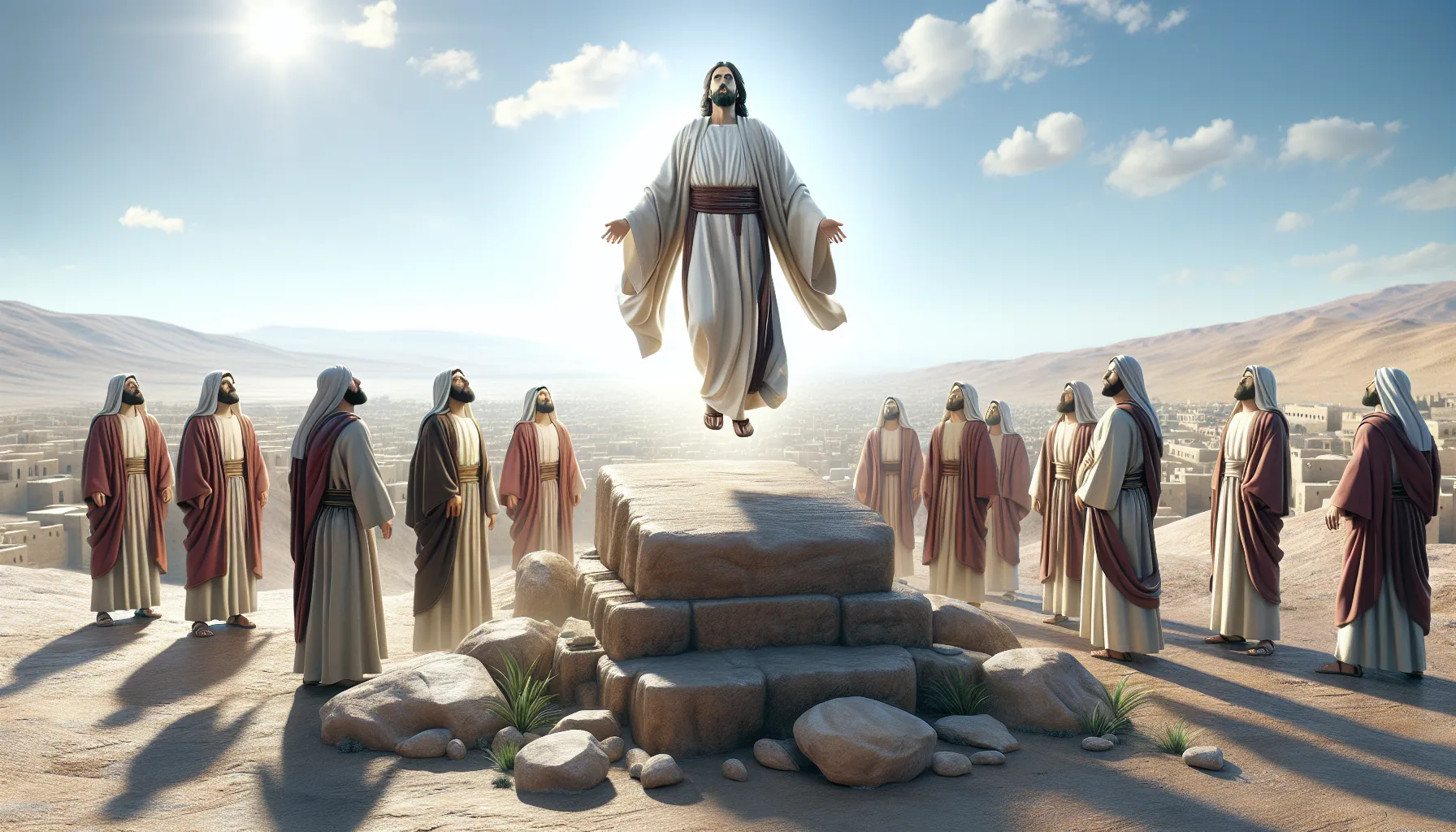 Imagen de Jesucristo ascendiendo al cielo rodeado de discípulos