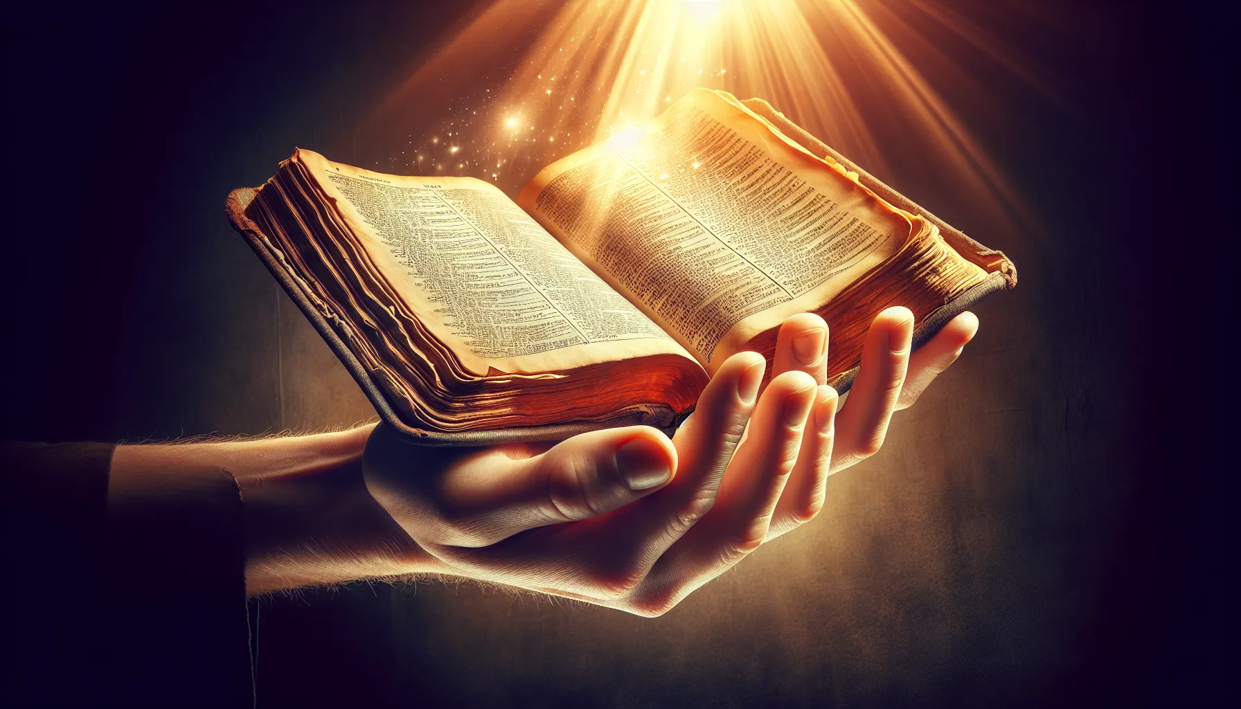 Imagen de una mano sosteniendo una antigua Biblia abierta con una luz divina brillando sobre las páginas
