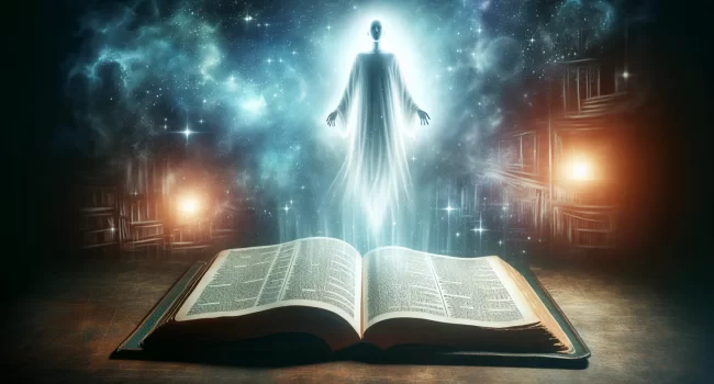 Imagen de fondo con ilustración de la Biblia abierta y una figura fantasmal ascendiendo hacia la luz
