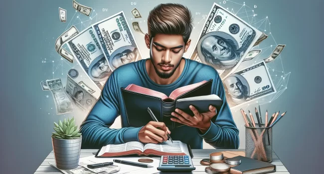 Ilustración de una persona leyendo la Biblia y anotando en una libreta con calculadora y billetes alrededor