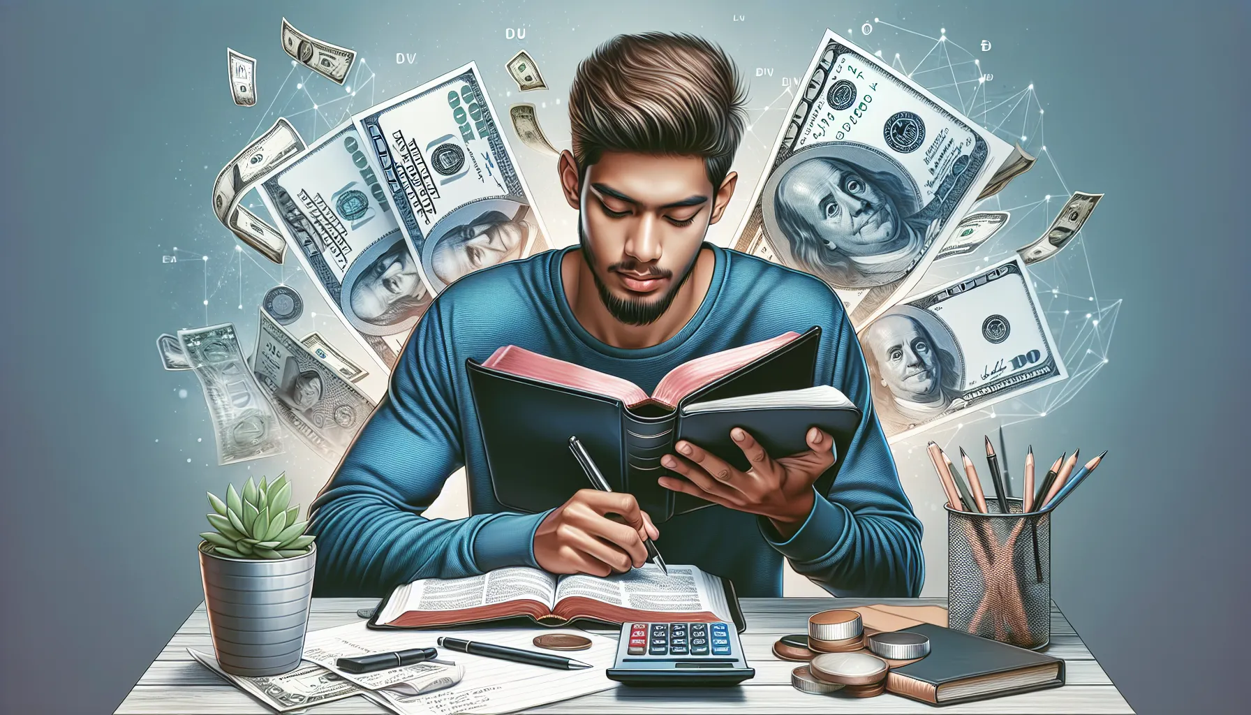 Ilustración de una persona leyendo la Biblia y anotando en una libreta con calculadora y billetes alrededor