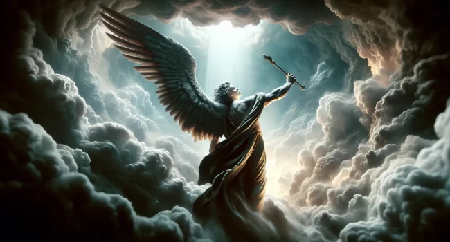 Representación visual del ángel caído Lucifer siendo expulsado del cielo según la Biblia.