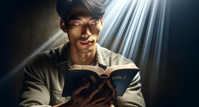 Una persona leyendo la Biblia con una expresión serena y tranquila
