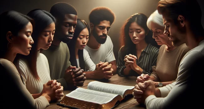 Imagen ilustrativa de un grupo de personas en oración alrededor de una Biblia abierta.