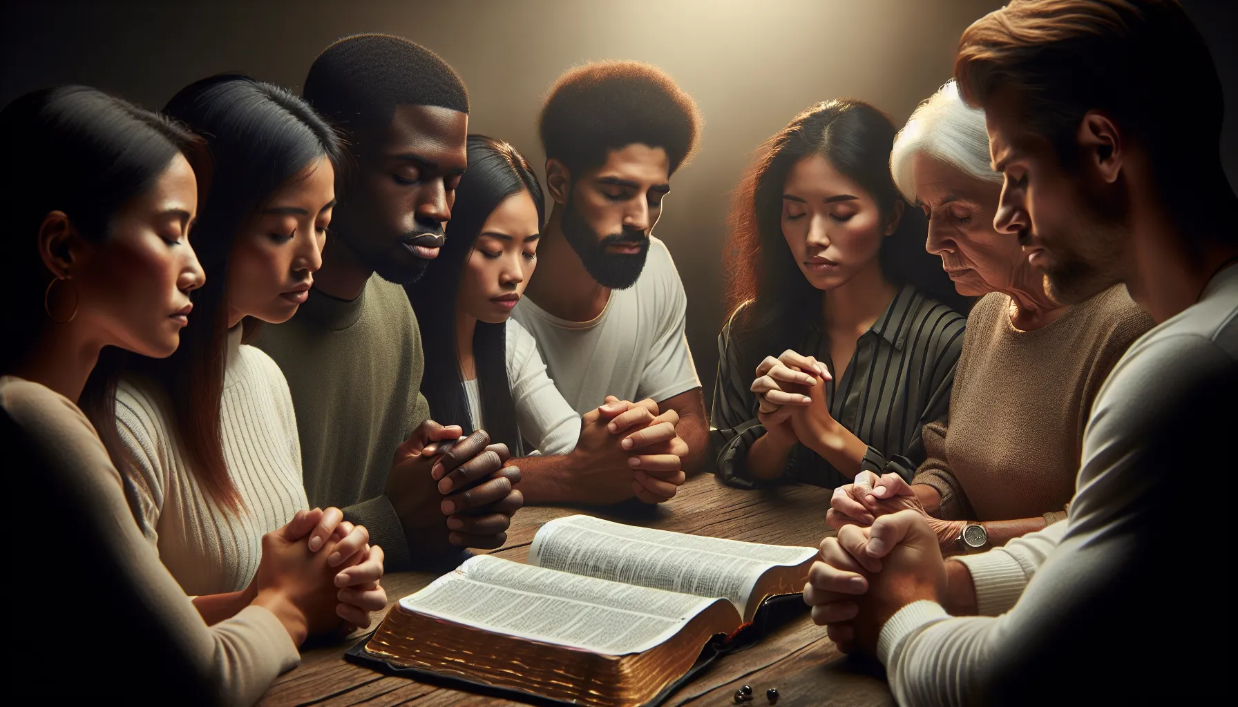 Imagen ilustrativa de un grupo de personas en oración alrededor de una Biblia abierta.