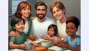 Imagen de una familia reunida alrededor de una mesa