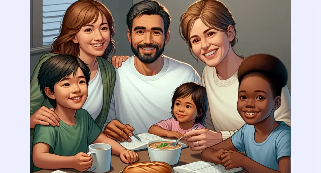 Imagen de una familia reunida alrededor de una mesa