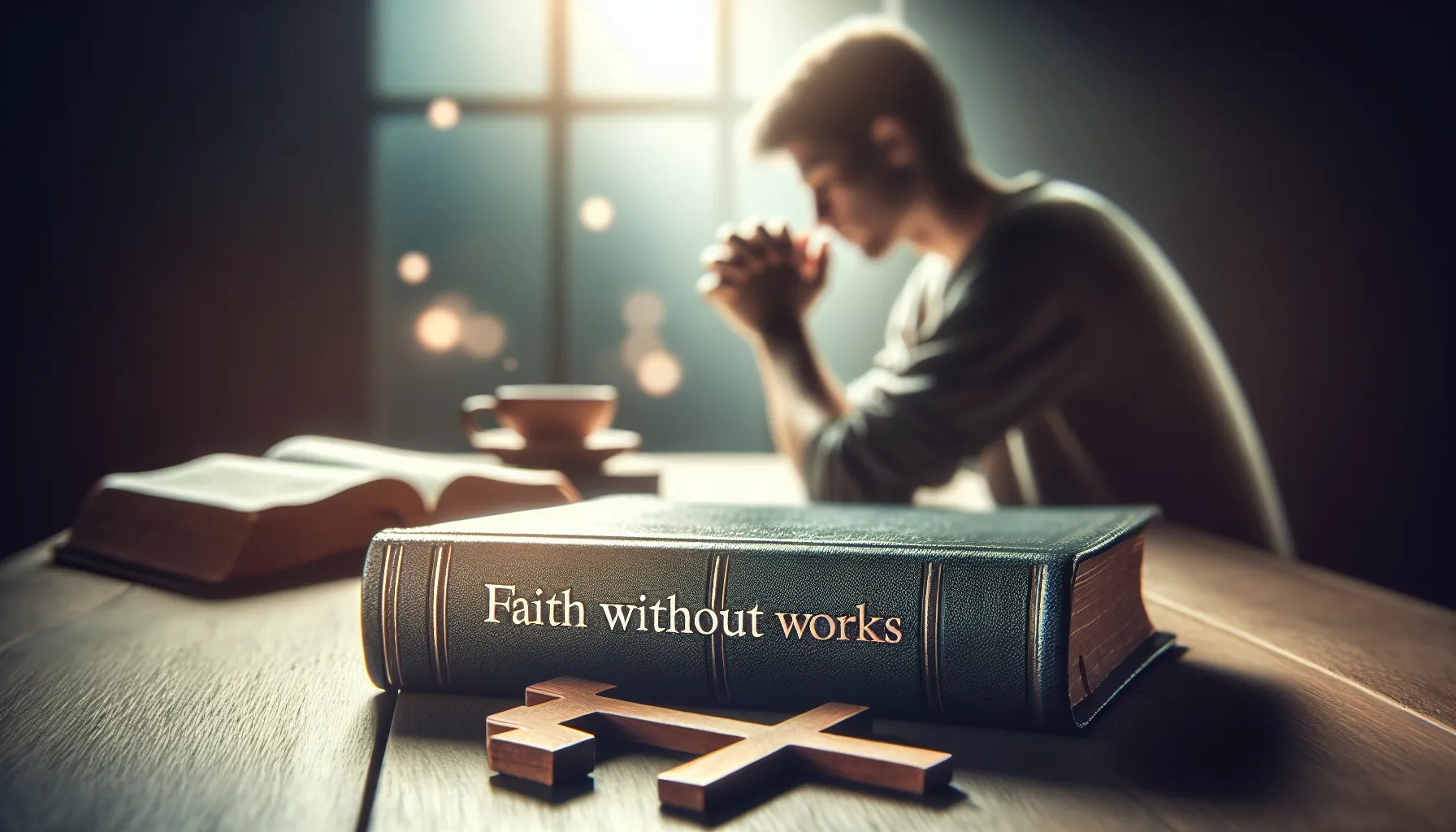 Concepto religioso de la fe sin obras ilustrado con una imagen de la Biblia abierta y una persona reflexionando.