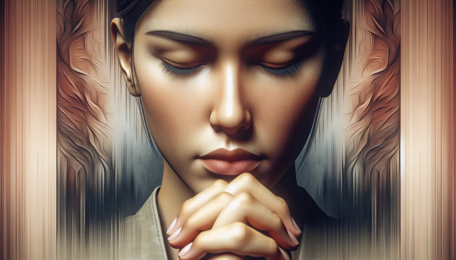Una mujer rezando con los ojos cerrados y manos juntas