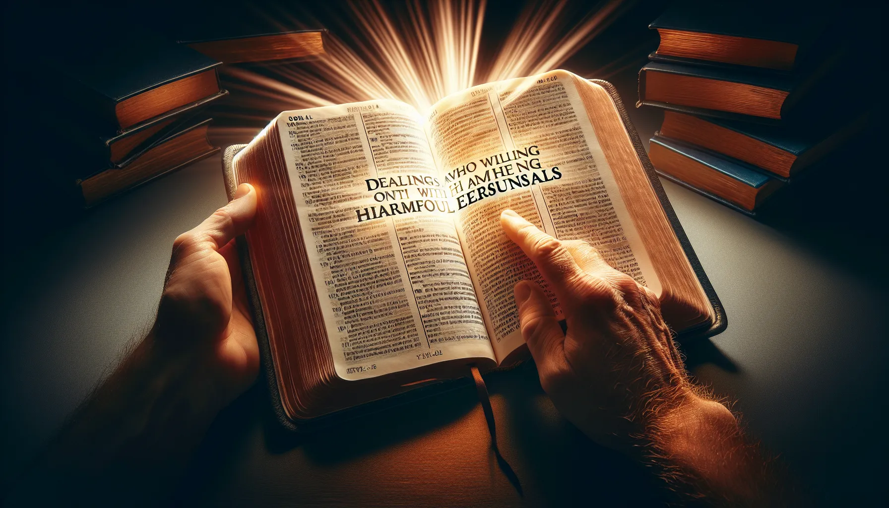 Imagen de una Biblia abierta con una luz brillante iluminando un pasaje específico sobre el trato con personas malas.