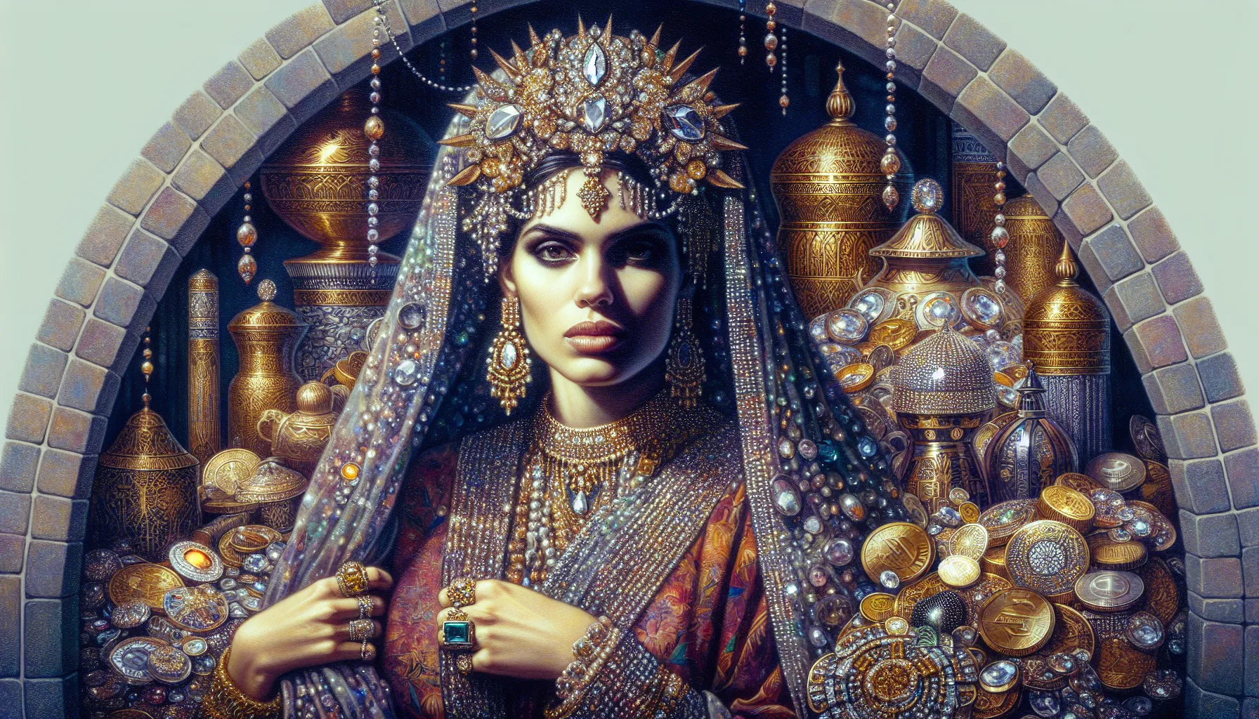 Representación artística de una mujer cubierta de joyas