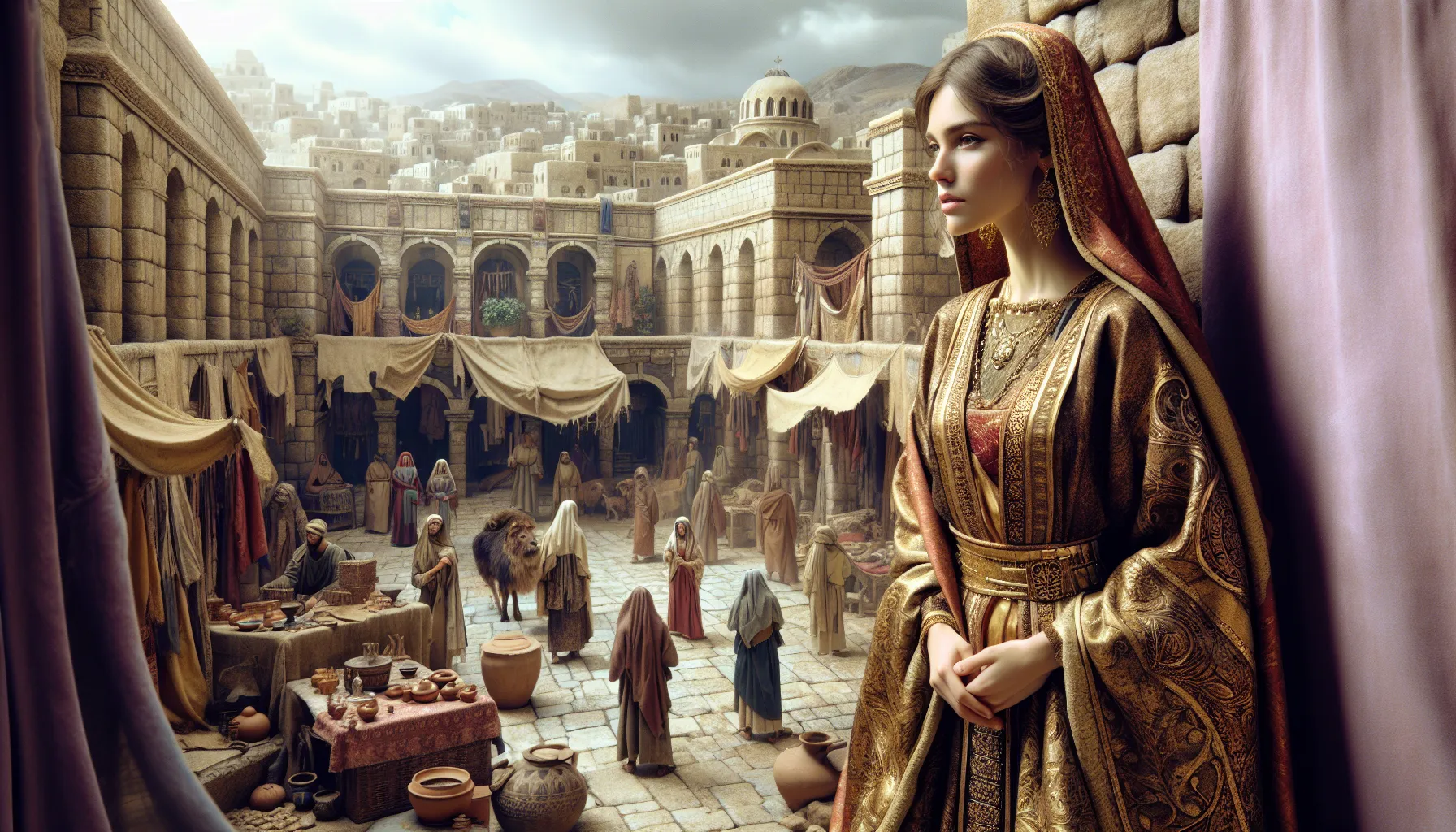 Mujer de la Biblia vestida con lujosos ropajes en una ciudad antigua