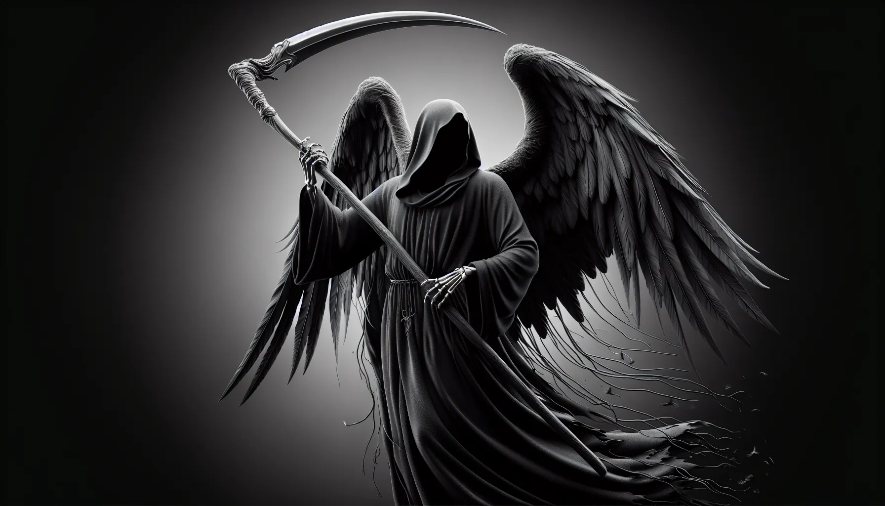 Imagen de un Ángel de la Muerte con capa negra y guadaña, representación artística.