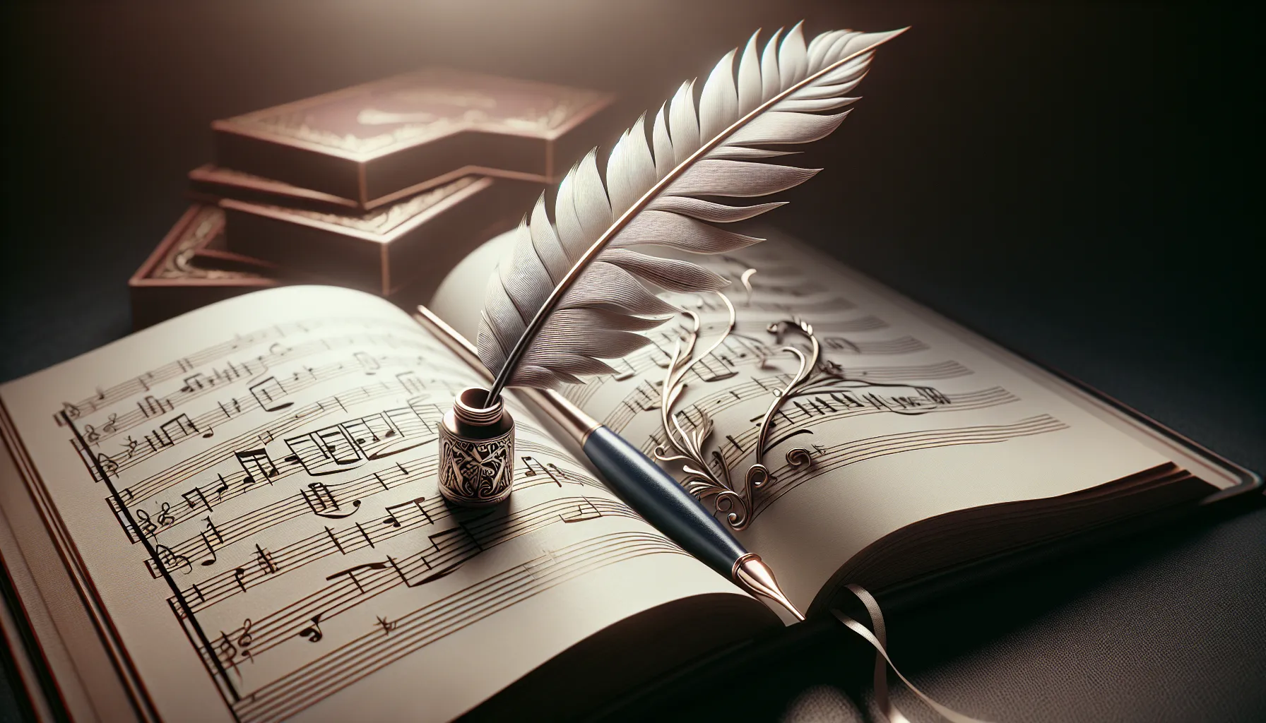 Imagen de un libro abierto con partituras y una pluma