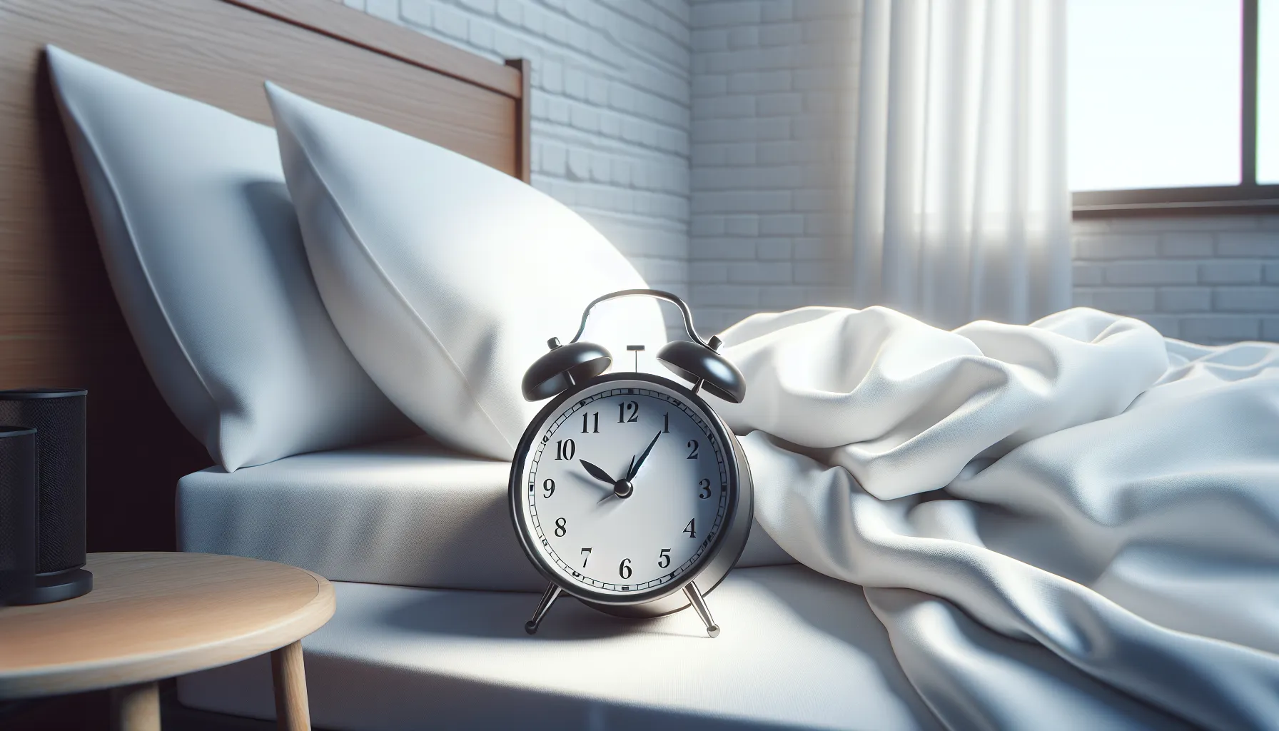 Imagen de un reloj despertador junto a una cama con sábanas blancas, simbolizando la importancia del sueño en la vida de las personas y la necesidad creada por Dios para descansar y recuperar energías.