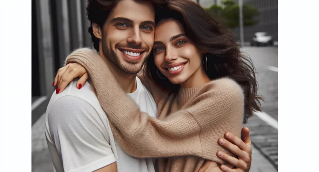 Imagen de un hombre y una mujer abrazándose y sonriendo