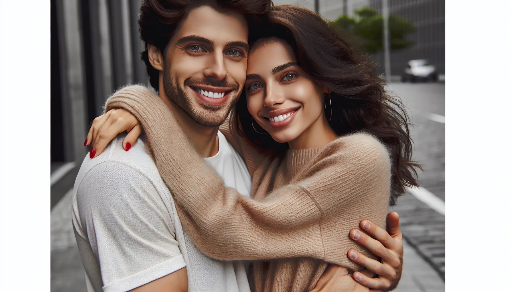 Imagen de un hombre y una mujer abrazándose y sonriendo