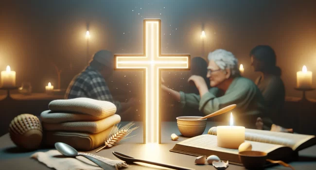 Representación gráfica de una cruz iluminada simbolizando la salvación cristiana en la vida cotidiana.