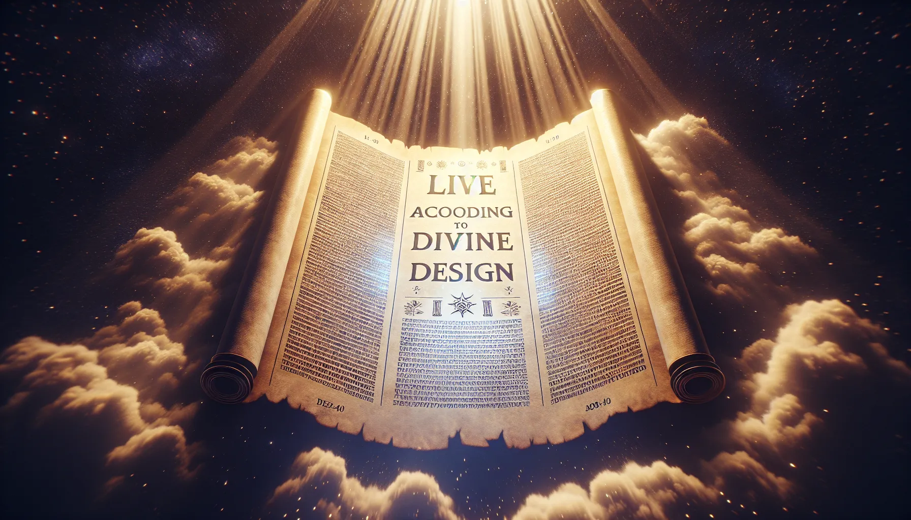 Imagen de un pergamino abierto con textos bíblicos y una luz celestial iluminando las palabras 'Vivir conforme al designio divino'.