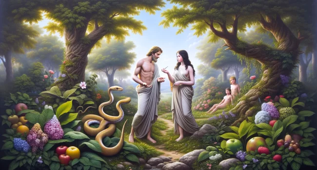 Escena bíblica de Adán y Eva con la serpiente en el Jardín del Edén