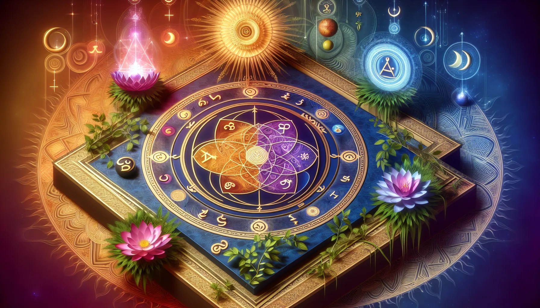 Imagen de las Cuatro Leyes Espirituales fundamentales representadas con símbolos espirituales y colores vibrantes.