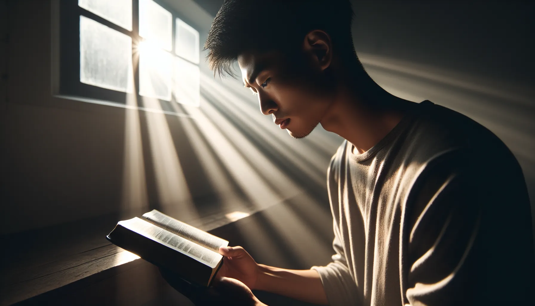 Ilustración de una persona leyendo la Biblia con expresión reflexiva.'