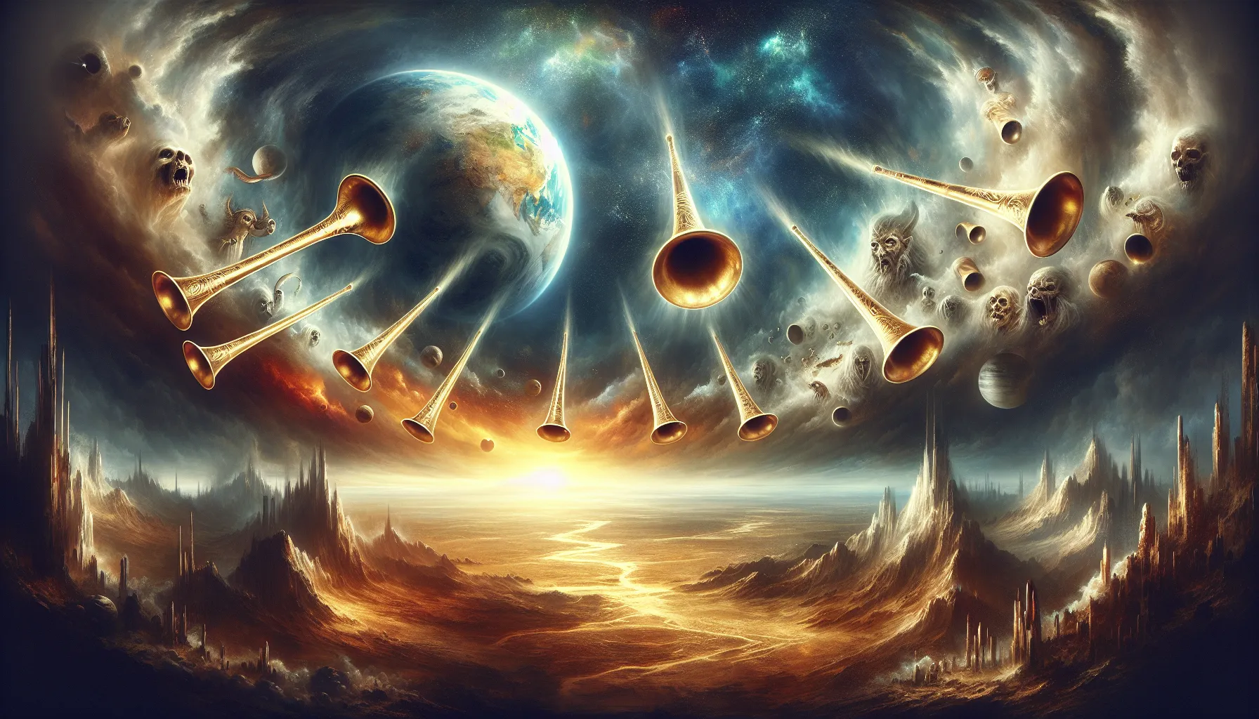 Representación gráfica de las siete trompetas del Apocalipsis según la Biblia