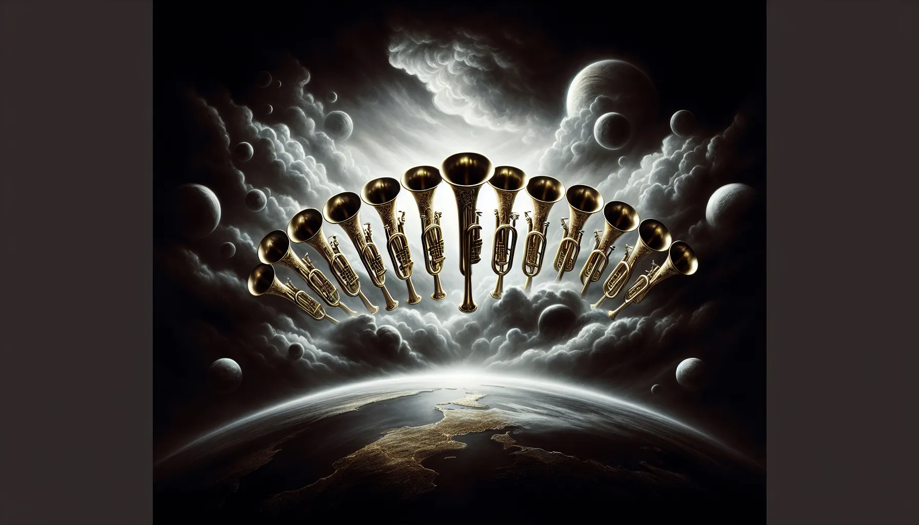 Representación visual de siete trompetas sobre fondo oscuro, simbolizando la profecía apocalíptica de la Biblia.